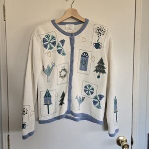 Christopher & Banks Women's M White and Blue Patterned Sweater Vintage